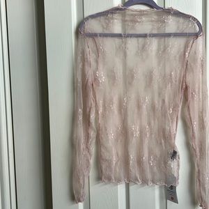 Light Pink Mesh Sheer Long Sleeve Mock Neck Lace Floral See Through Tops XL